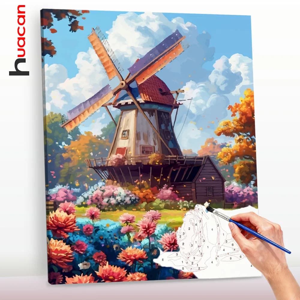 Huacan New Landscape Painting By Number Adults Spring Flower Building Canvas Art Painting Gift Oil Paint Kit Set Home Decor