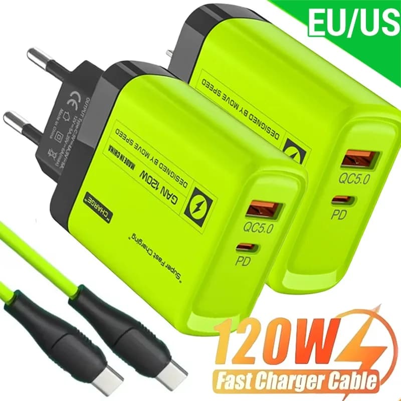 Kit caricabatterie USB C 2 porte da 120 W Spina da muro verde Adattatore UE/USA Ricarica rapida per iPhone iPad Samsung Xiaomi Cavi dati USB tipo C