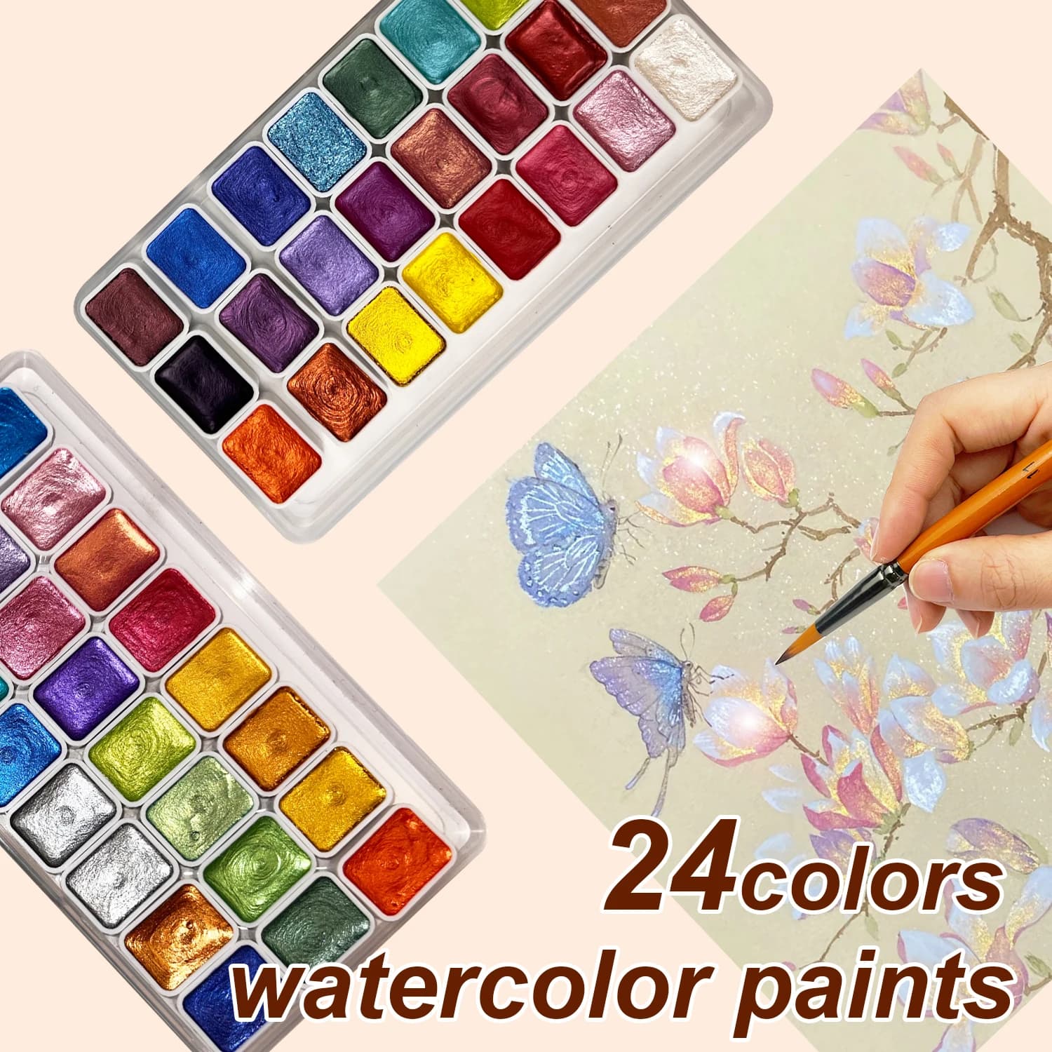 Watercolor Set, 24 Colors, Pearlescent Metal Solid Watercolor Paints, Suitable for Calligraphy and Painting, Nail Art, DIY Craft