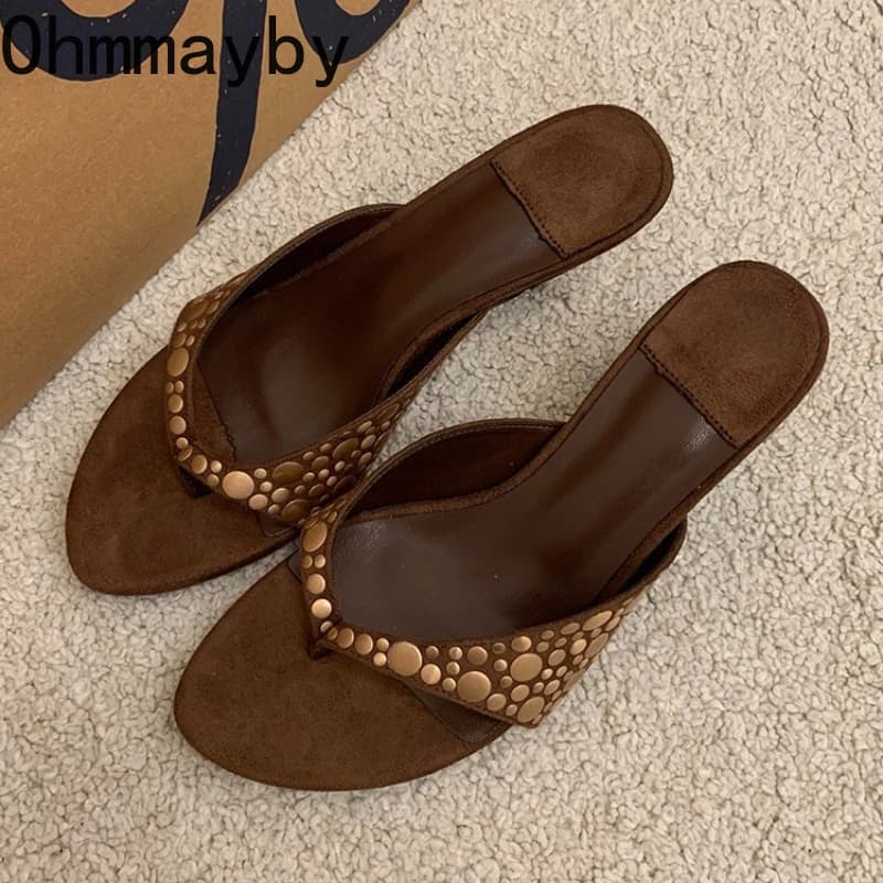Ciabatte da Donna Vintage di Design con Punta Aperta, Eleganti Scarpe Basse con Tacco, Sandali alla Moda per Feste e Abiti Estivi