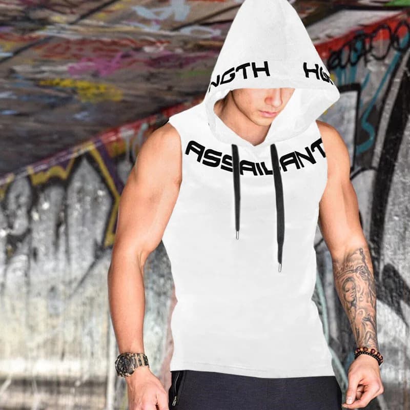 Nuova canotta fitness estiva Canotta sportiva da corsa in cotone Canotta da basket ampia senza maniche con cappuccio Abbigliamento da allenamento traspirante