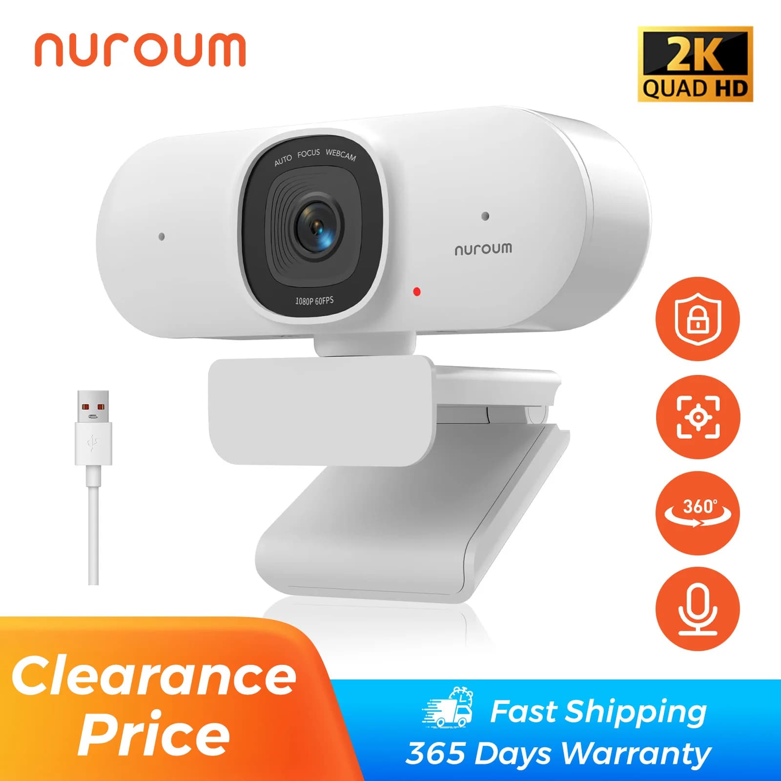 NUROUM US Free Shipping Webcam 2K Full Hd 30fps with USB Microphone Videoconference Meetting for Laptop Mac PC