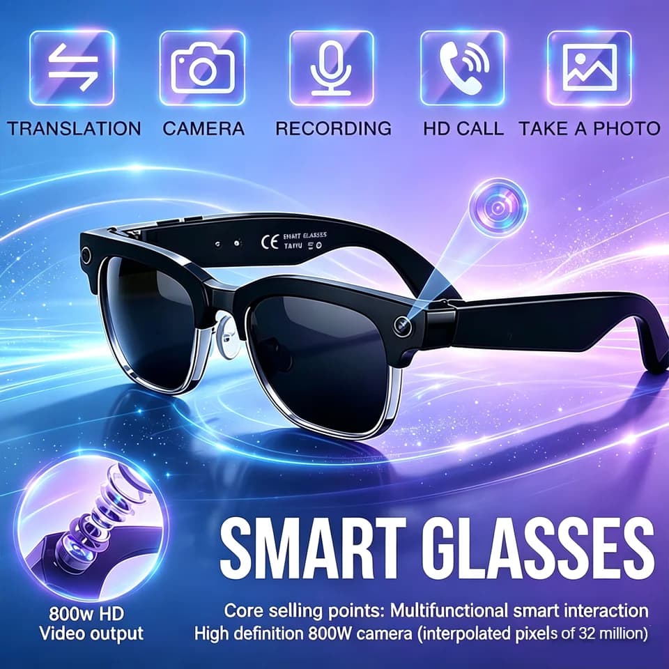 New2026 800W Pixel Camera Smart Glasses Men Video Recording AI Photo Recognition Bluetooth Call Voice Translation Sunglasses Man