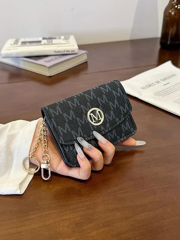 Retro Monogram Print Faux Leather Card Holder, Compact Keychain Wallet for Daily & Travel