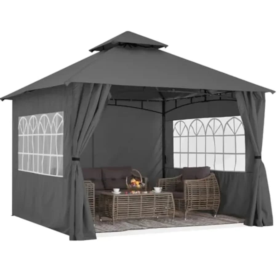 Patio Gazebo Steel Fe Outdoor Gazebo with Windows Curtains for Garden Sunshade in Beige with Ventilation Windows and Durable Fa