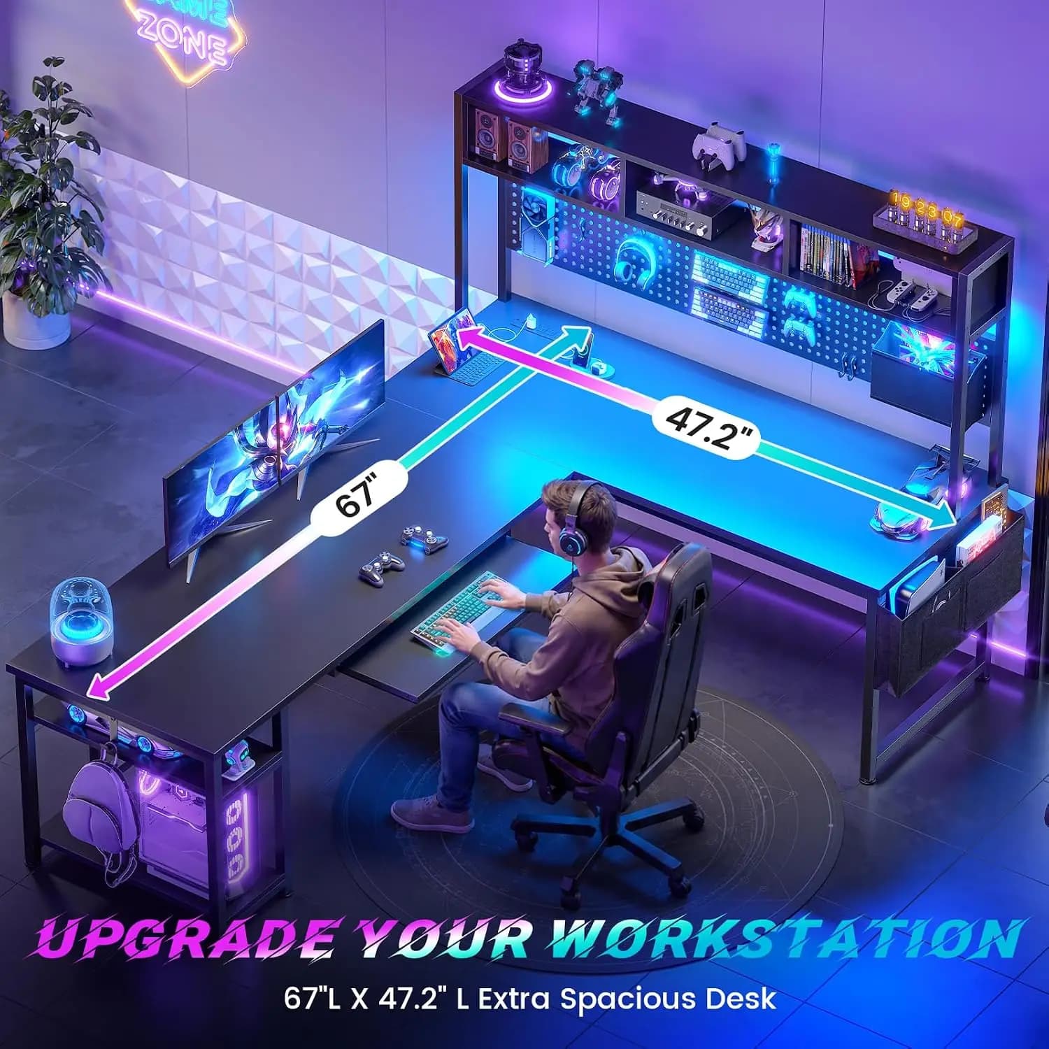 67" L Shaped Gaming Desk with Pegboard LED Lights & Power Outlet, Customized