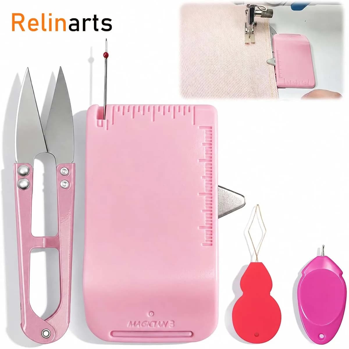 4Pcs Sewing Accessories Kit, Magnetic Seam Guide with Ruler, Embroidery Scissors & Dual Needle Threaders for Sewing Beginners
