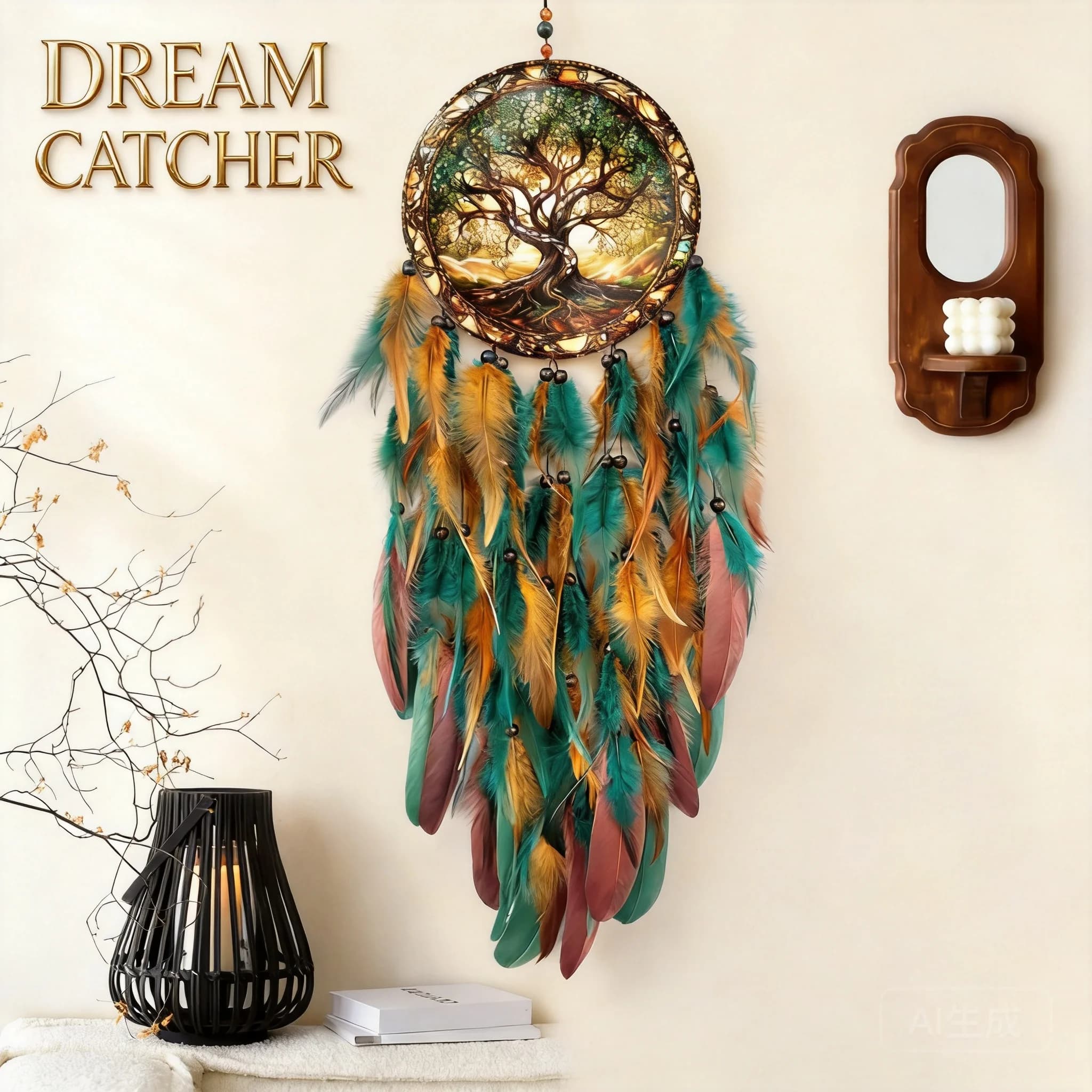 Chinese Style Lucky Blessing Tree Of Life Acrylic Dream Catcher Wind Chime With Colorful Feathers Good Fortune Wall Hanging Deco