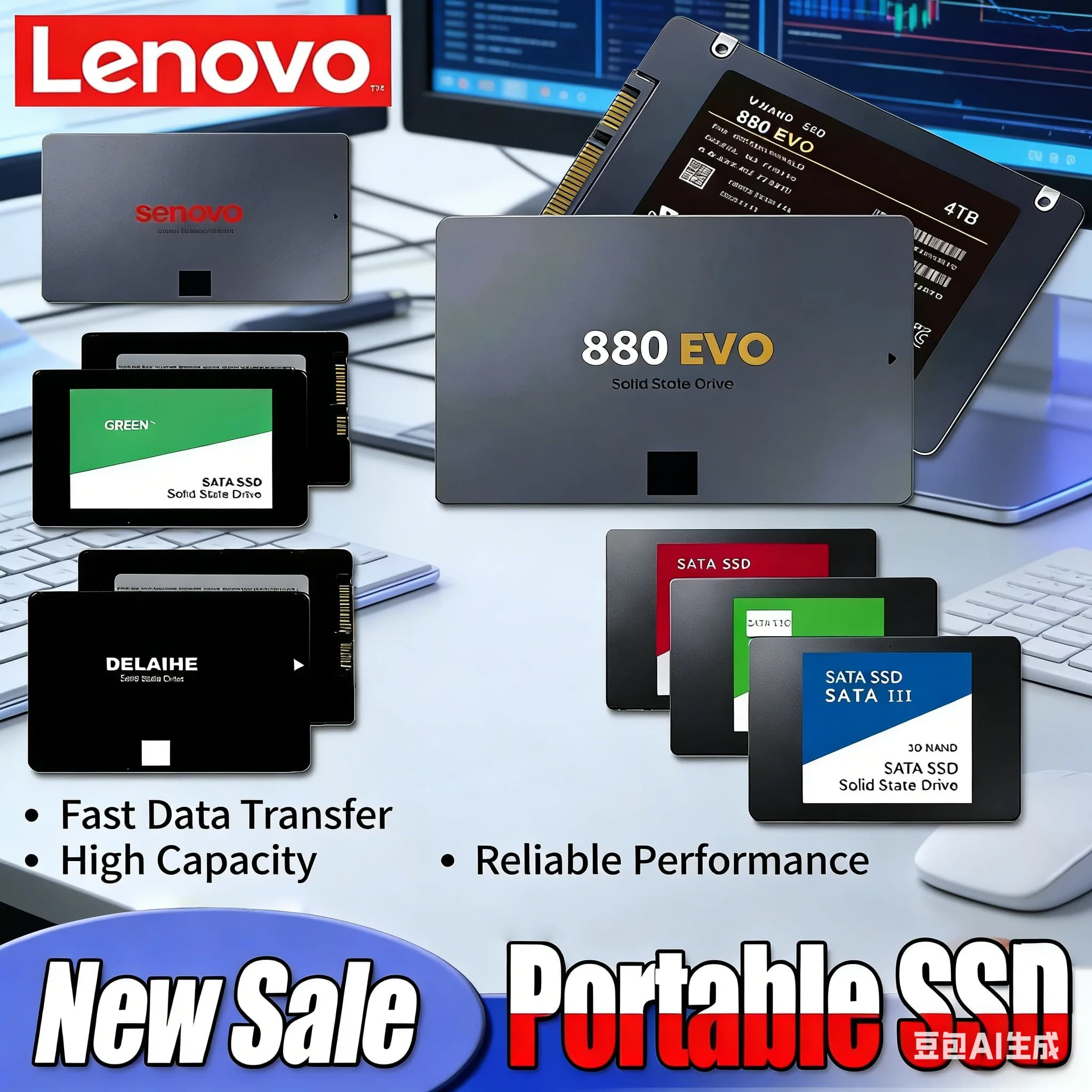 Disco rigido SSD esterno Lenovo da 4 TB, unità a stato solido ad alta velocità, interfaccia SATA 3, disco rigido interno portatile per laptop