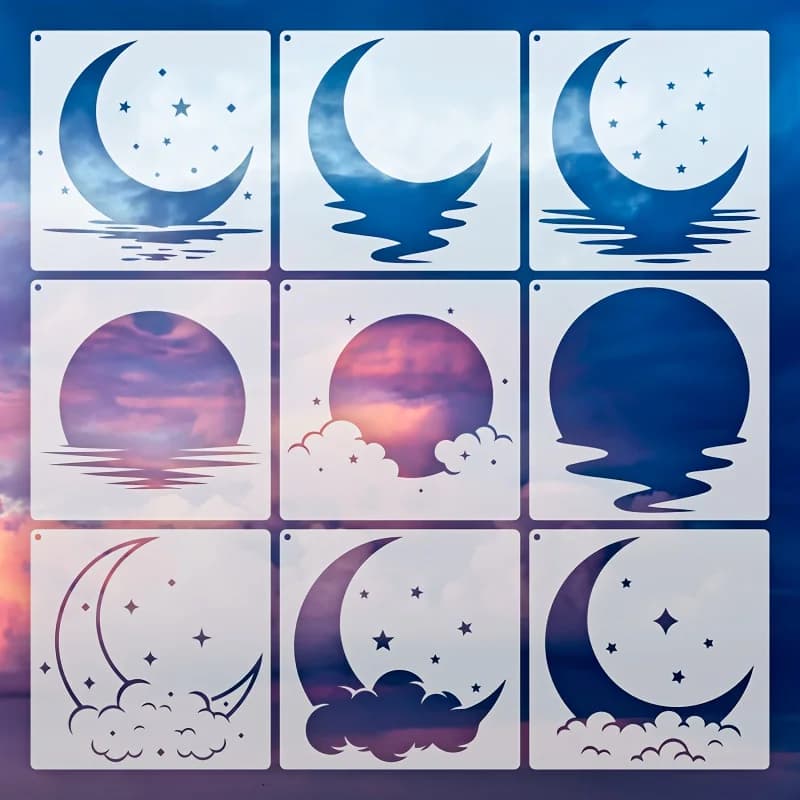 9-Piece Moon Template Set, Notebook Diary Scrapbook Drawing Template Reusable Template for Hand Account Painting DIY Spray Paint