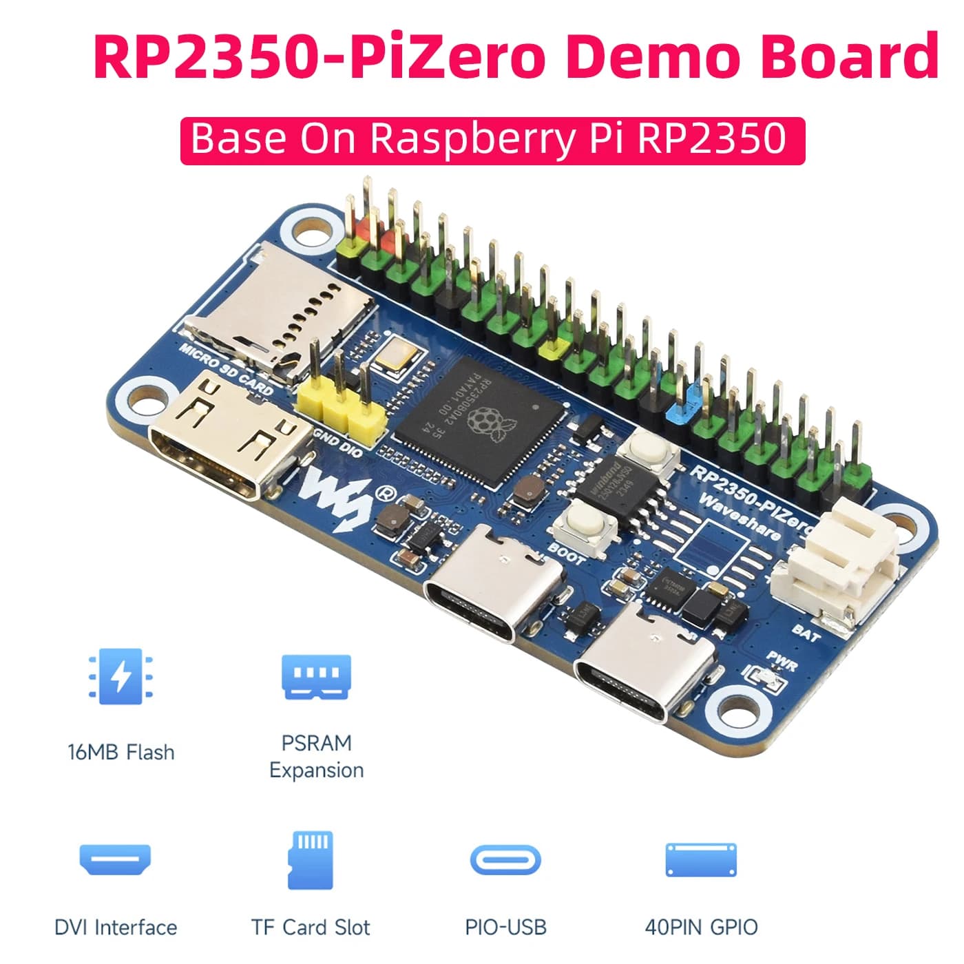 Base della scheda di sviluppo Waveshare RP2350-PiZero su microcontrollore Raspberry Pi Pico 2 RP2350 520KB SRAM 16MB Flash DVI PIO-USB