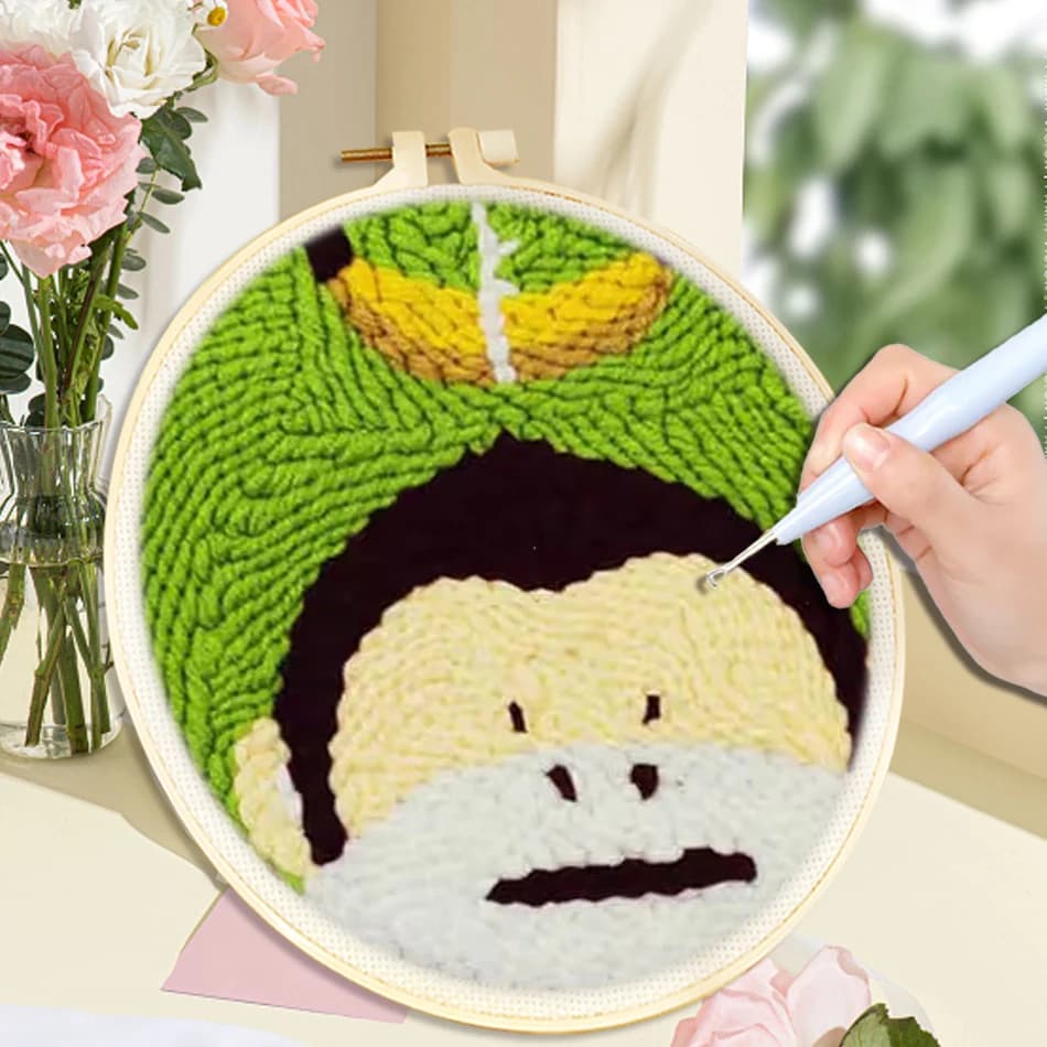 Cartoon Punch Needle Embroidery Kit for Adults Kids Monkey Animal Design Punch Embroidery Hoops for Handmade Craft Kit 20x20cm