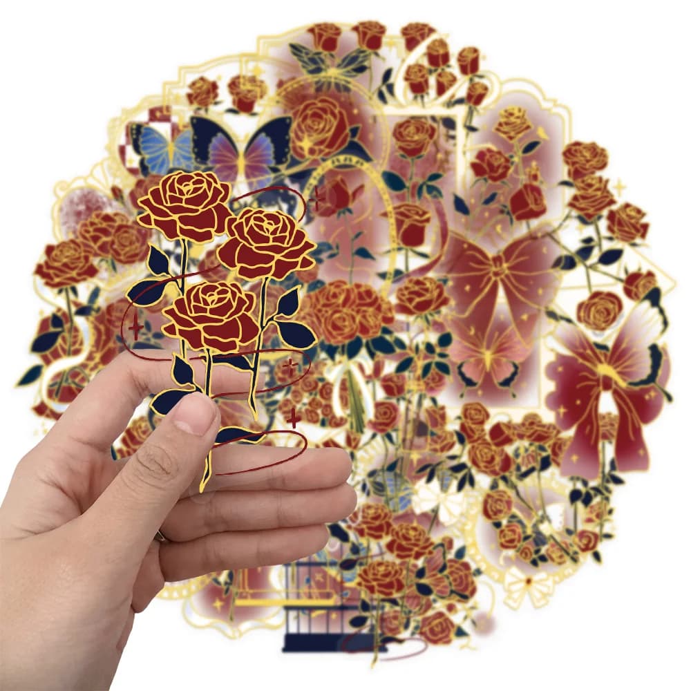 50 pezzi di adesivi decorativi in PET trasparente con rosa retrò, regalo a mano, set di adesivi decorativi con stampa a caldo per borsa per tazza d'acqua per laptop fai da te