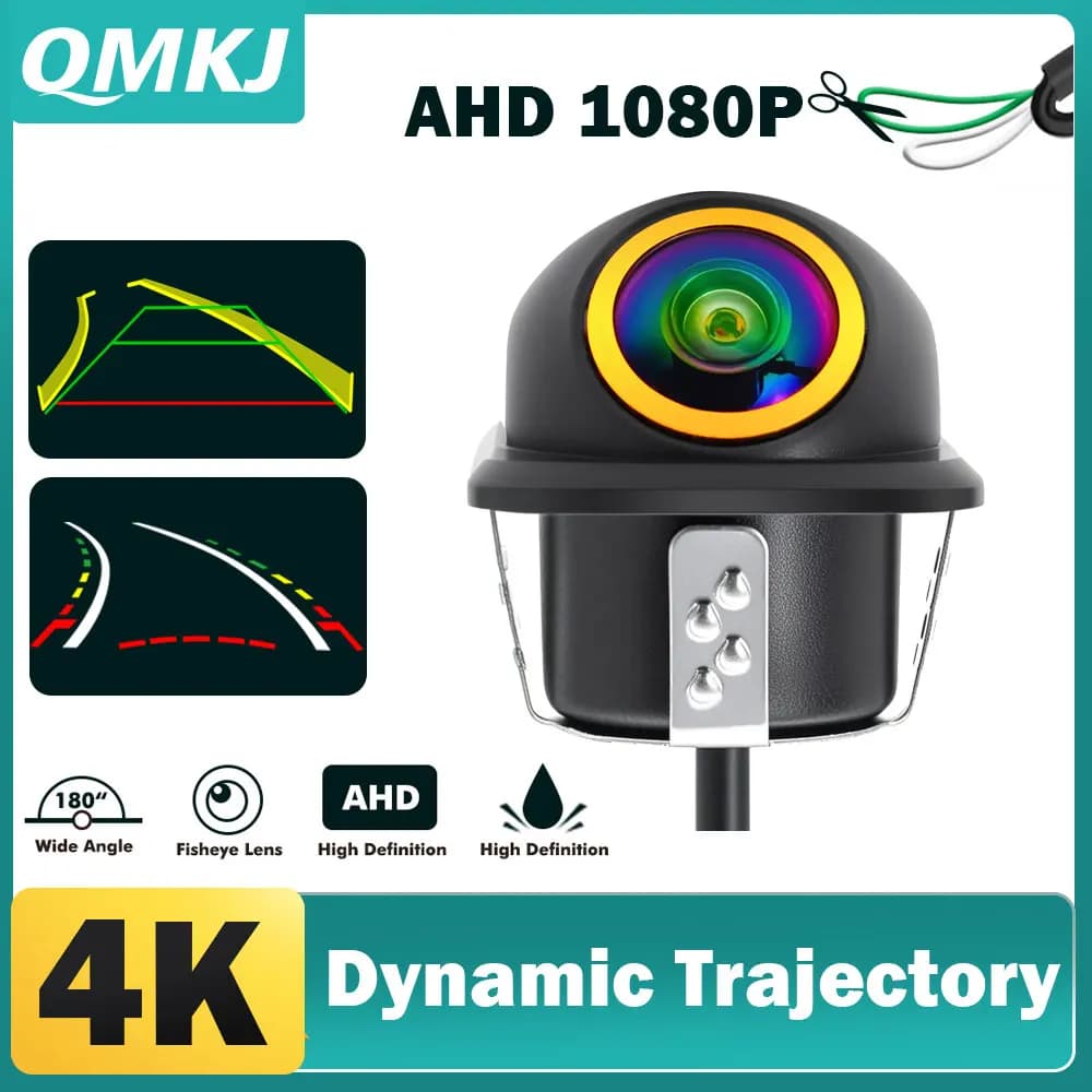 QMKJ AHD 1920*1080P Telecamera per traiettoria dinamica di retromarcia Golden Fisheye HD Visione notturna Backup Track Telecamera per parcheggio per auto universale
