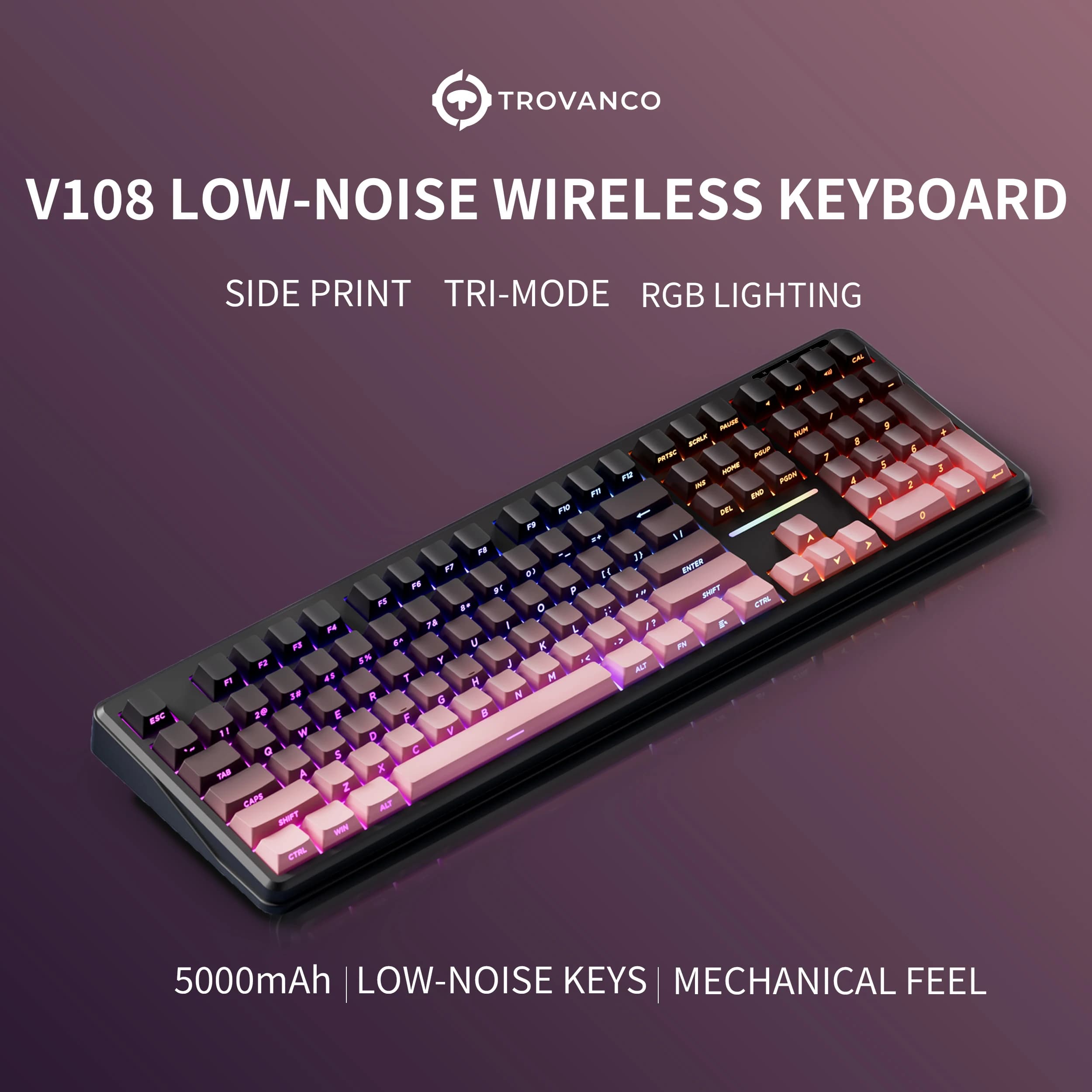 V108 Pro Tastiera Bluetooth da ufficio a basso rumore 2.4G con layout completo cablato e wireless con membrana retroilluminata RGB