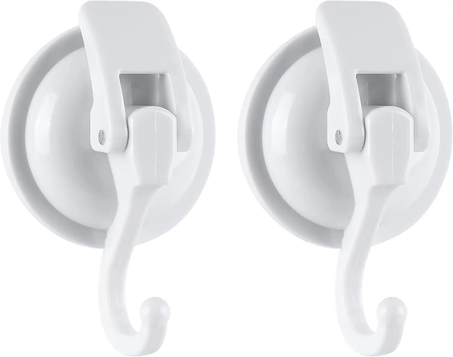 Heavy Duty Suction Cup Hooks for Bathroom - No Drill Shower Hooks, Reusable Robe Hangers, 15 lbs Load, 2 Pack White