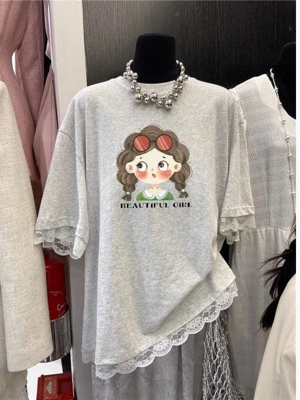 plus Size Lace Trim Short Sleeve T-Shirt Women's Loose Casual Half Sleeve Top Summer Slimming Printed round Neck Regular Fit