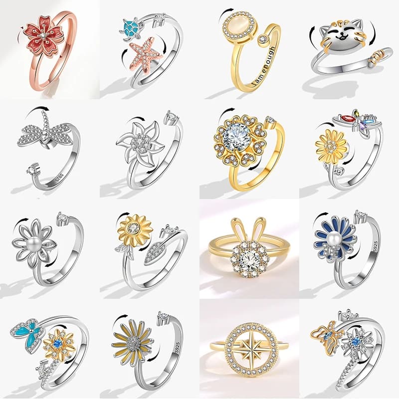 2025 Nuovo Fidget Spinner Anello Ansia per le donne Lusso Sakura Stella marina Libellula Kitty Anelli animali Anti stress Gioielli da sposa