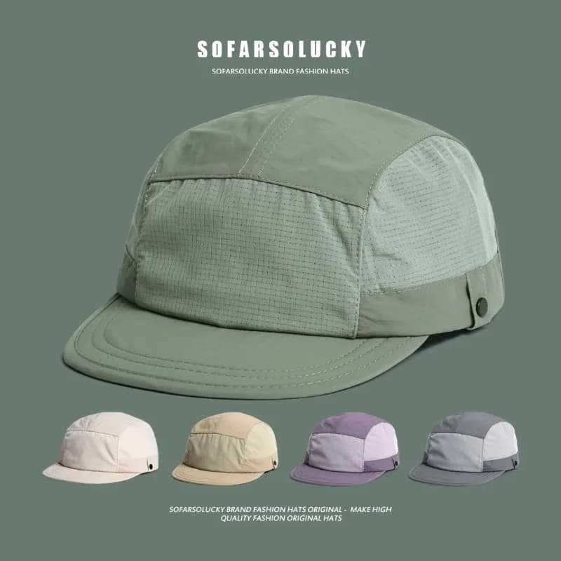 New Splicing Quick-drying Flat-brimmed Hats for Men and Women Summer Casual Sunscreen Japanese Retro 5-panel Baseball Cap