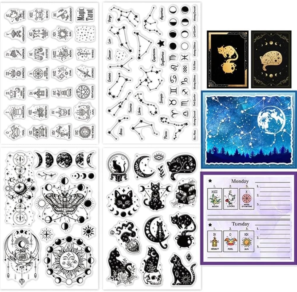 4 fogli di carte dei tarocchi timbri trasparenti per la creazione di cartoline 12 segni zodiacali timbri trasparenti in silicone sigilli gatto magico divinazione trasparente