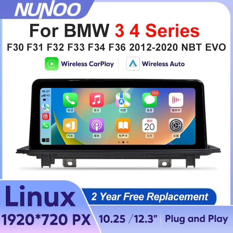CarPlay e Android Auto wireless per BMW Serie 3 4 F30 F31 F32 F33 F34 F36 2012-2020 Display multimediale Autoradio Touch Screen