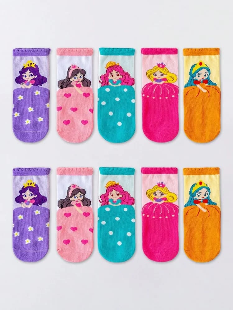 5 Pairs of Children's Cartoon Socks for Autumn and Winter, Cute Princess Socks for Babies, Soft Mid-Tube Socks for Girls in Spring and Summer