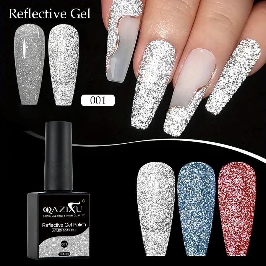 QAZIXU 8ml Argento Gel Riflettente Smalto per Unghie Glitter Neon Semi Permanente UV LED Gel Nail Art Vernice per Manicure