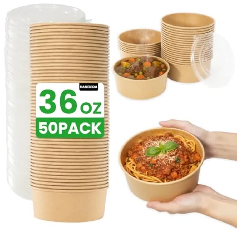 50 Count 36 oz Large Disposable Paper Bowls with Lids, Salad Containers for Lunch, Paper Meal Prep Containers for Hot and Cold