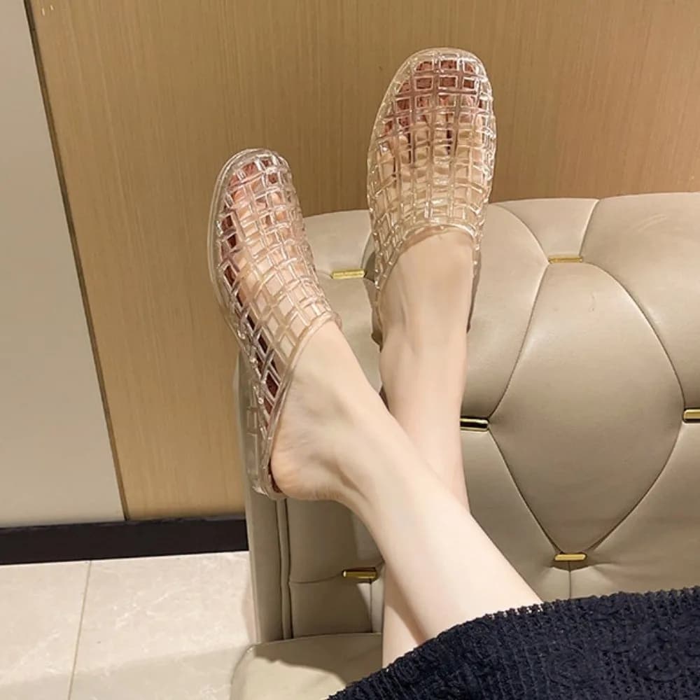 Sandali in PVC con Punta Rotonda e Cristalli, Morbidi e Antiscivolo, Stile Rete da Pesca, Trasparenti, con Suola Bassa, Personalizzabili con Charm, per Ragazze