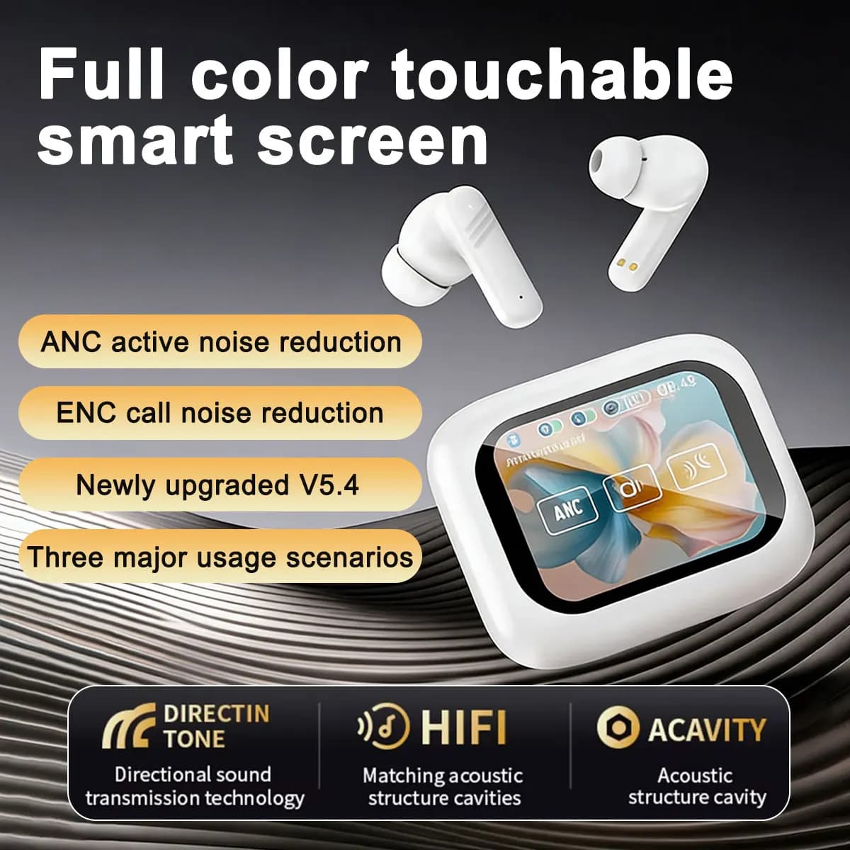 Bluetooth 5.4 Wireless Headphones with Touch Screen, ANC Rumor Cancellation, Microphone, Stereo HiFi Audio, In-Ear Gaming Headphones