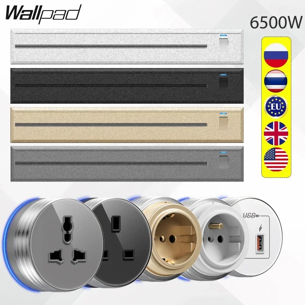 Wall Power Track Socket with Steel Frame Movable Sockets Plug Adapters USB Type C Ports for Home Kitchen Bathroom Office