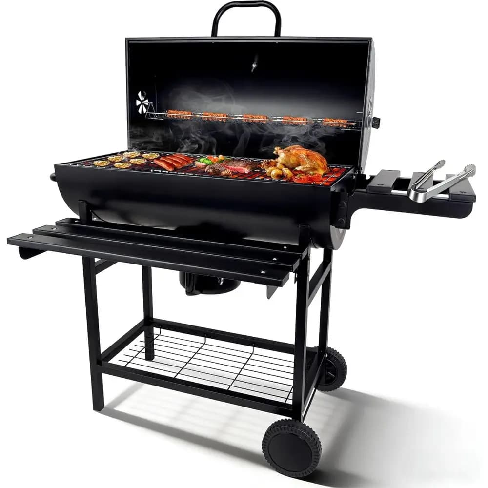 Griglia a Carbone con Coperchio, Barbecue da Esterno da 27 Pollici con Termometro, Ripiani Laterali, Ruote e Raccogli Ceneri, Grande Barbecue a Carbone a Botte per Affumicatura