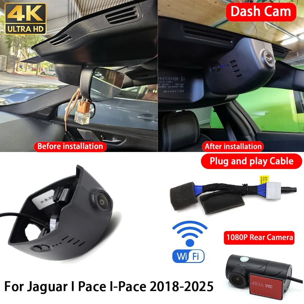 for Jaguar I Pace I-Pace 2018-2025 4K 2160P Dash Cam Front Rear Car Camera DVR Wifi Plug & Play Video Recorder Loop Recording