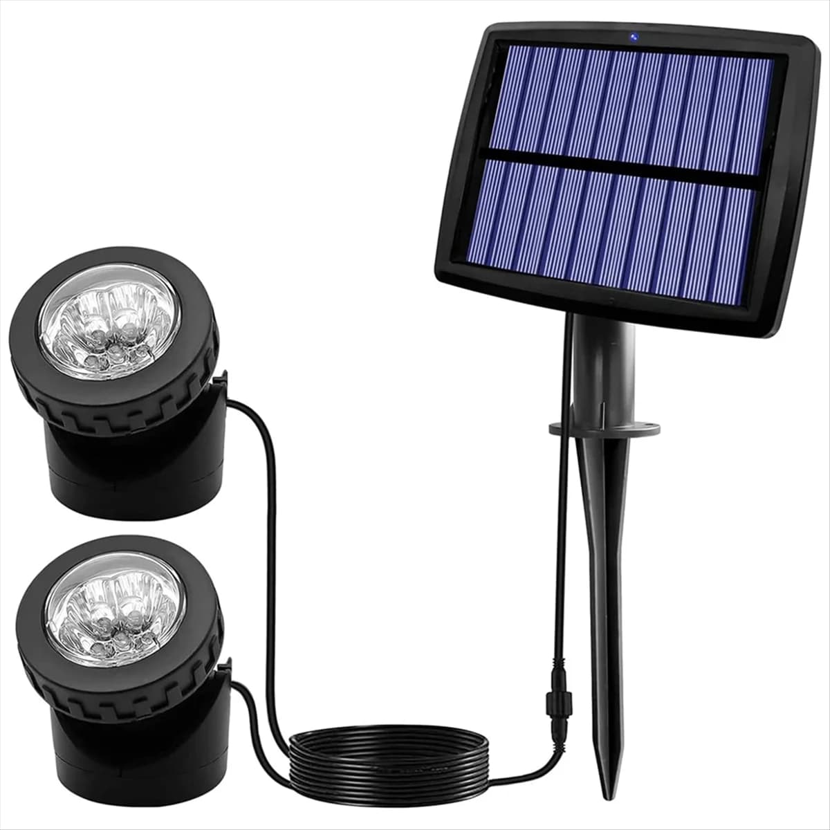Faretti solari per laghetto A42F, luci subacquee solari a LED con faretto per paesaggio sottomarino impermeabile a doppia testa A
