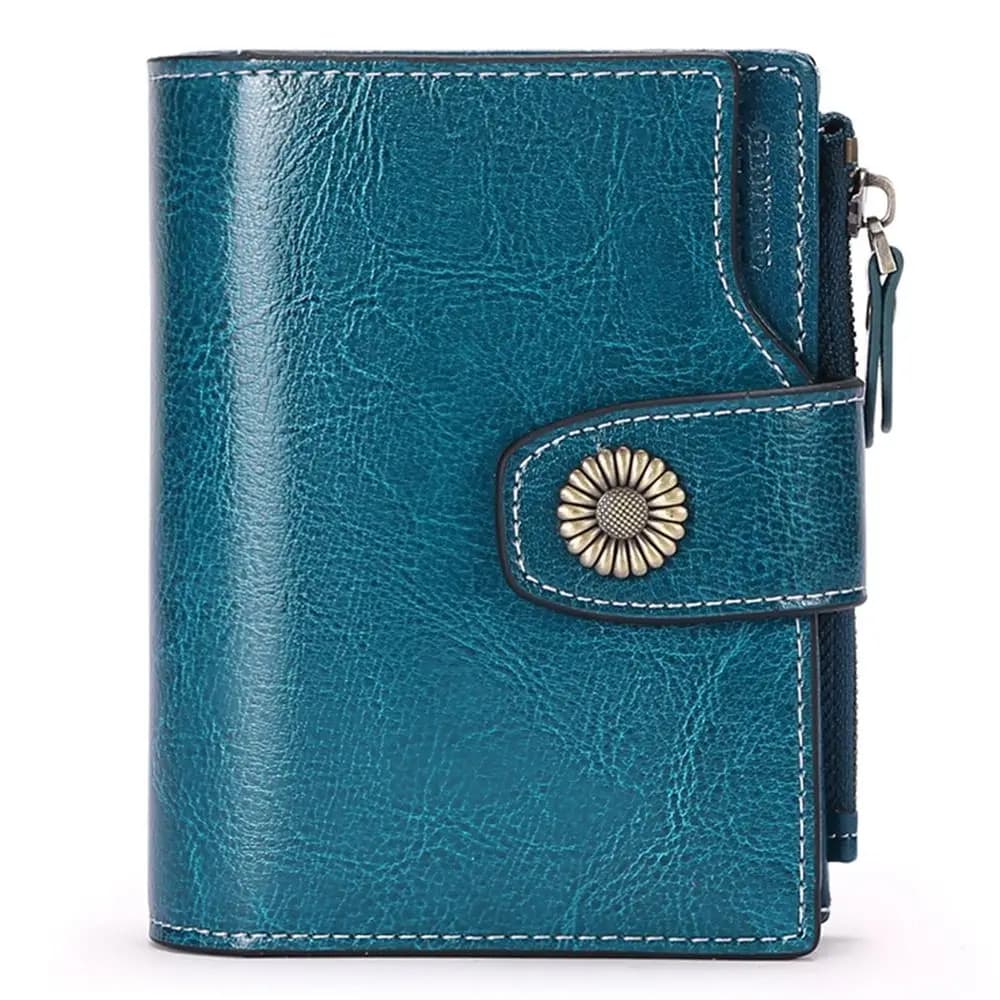 PU Leather Women's Short Wallet RFID Blocking Zipper Pocket Card Holder Snap Button Closure Floral Button Detail Coin Purse