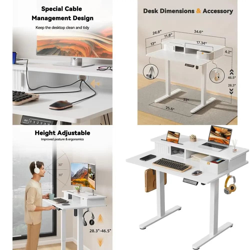 Scrivania Elettrica Regolabile in Altezza 35x25 con Supporto Monitor Integrato e Spazio di Archiviazione, Bianca per Casa o Ufficio