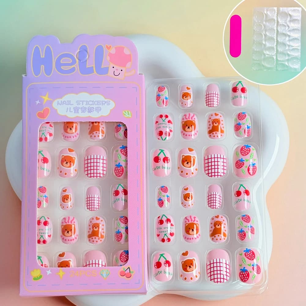24 Pieces/Children's Adorable Nails with Patterns Red Cherry, Strawberry and Bear Cartoon, Nails Adhesive for Girls, Fin Nails Wearable