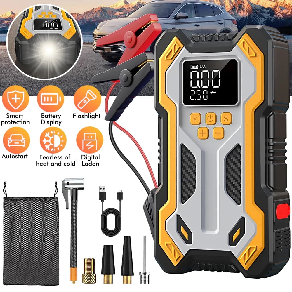 Portable Car Jump Starter with Digital Tire Inflator, 12V Car Battery Jump Starter Power Bank, Emergency Auto Jump Pack with LED SOS Flashlight for Car Motorcycle SUV Truck