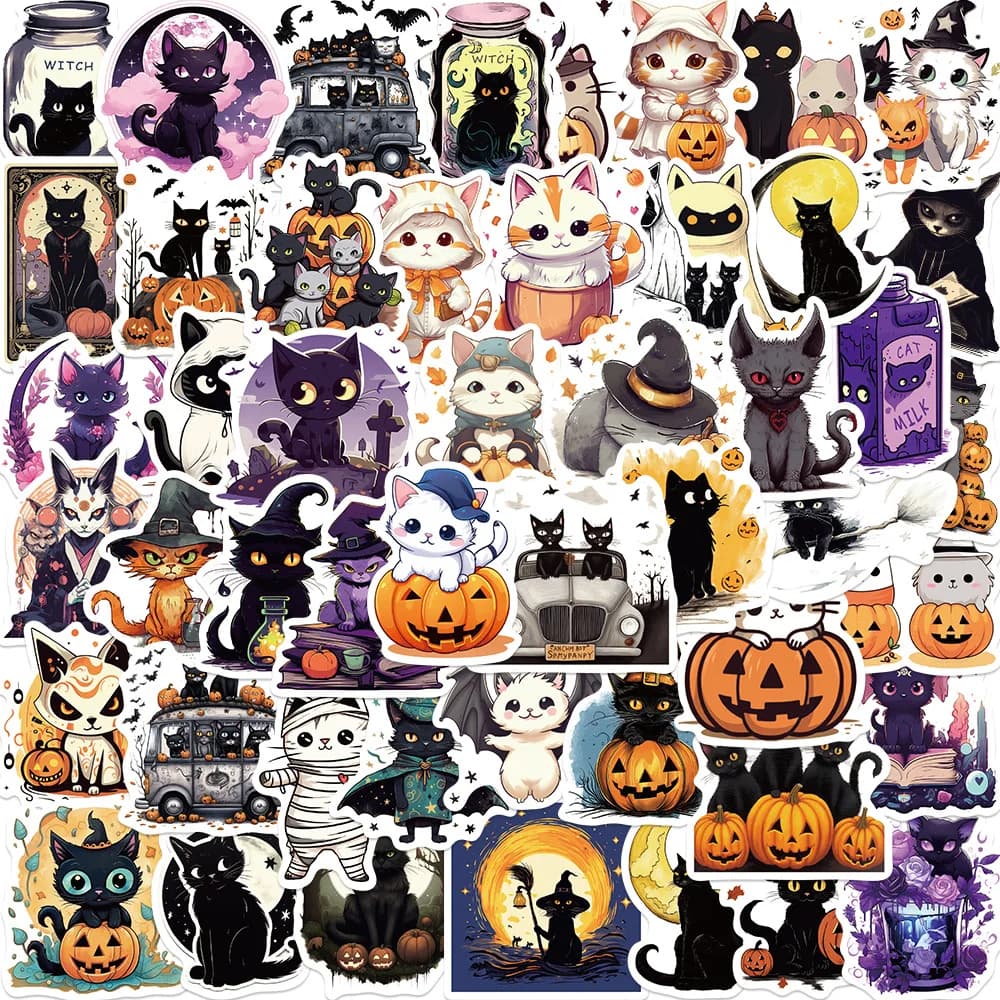 50Pcs Halloween Cat Vinyl Stickers, Waterproof DIY Decals for Scrapbooking, Guitar, Laptop & Luggage
