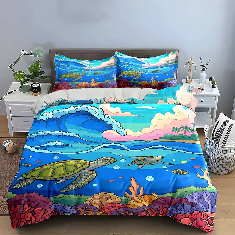 "Sea Turtle Ocean Decor Set" Bedding Set with 1 Duvet Cover 2 Pillowcases Single Double King Queen, Gift
