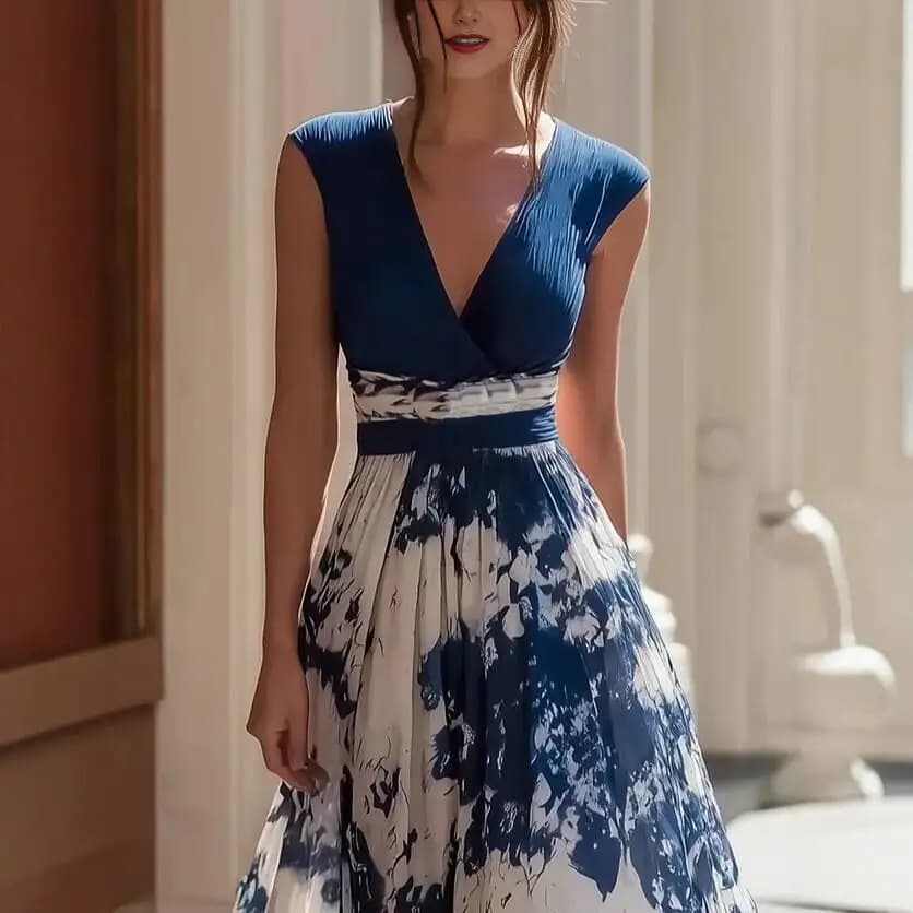 Summer Long Sleeveless V-Neck Blue Porcelain Print Dress High Waist Cross-Border Gown City Commute Style Fitted Skirt