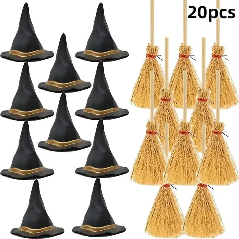 20Pcs Miniature Witch Hats And Mini Brooms Halloween Party Mini Wizard Hats Cake Decorations Wedding Birthday Party DIY Crafts