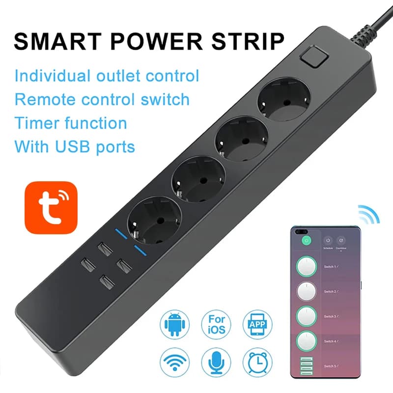 Multipresa Intelligente Tuya Wifi con 4 Prese EU e 4 Porte USB per Ricarica, Controllo Temporizzato tramite App e Comandi Vocali, Compatibile con Alexa e Google Home Assistant