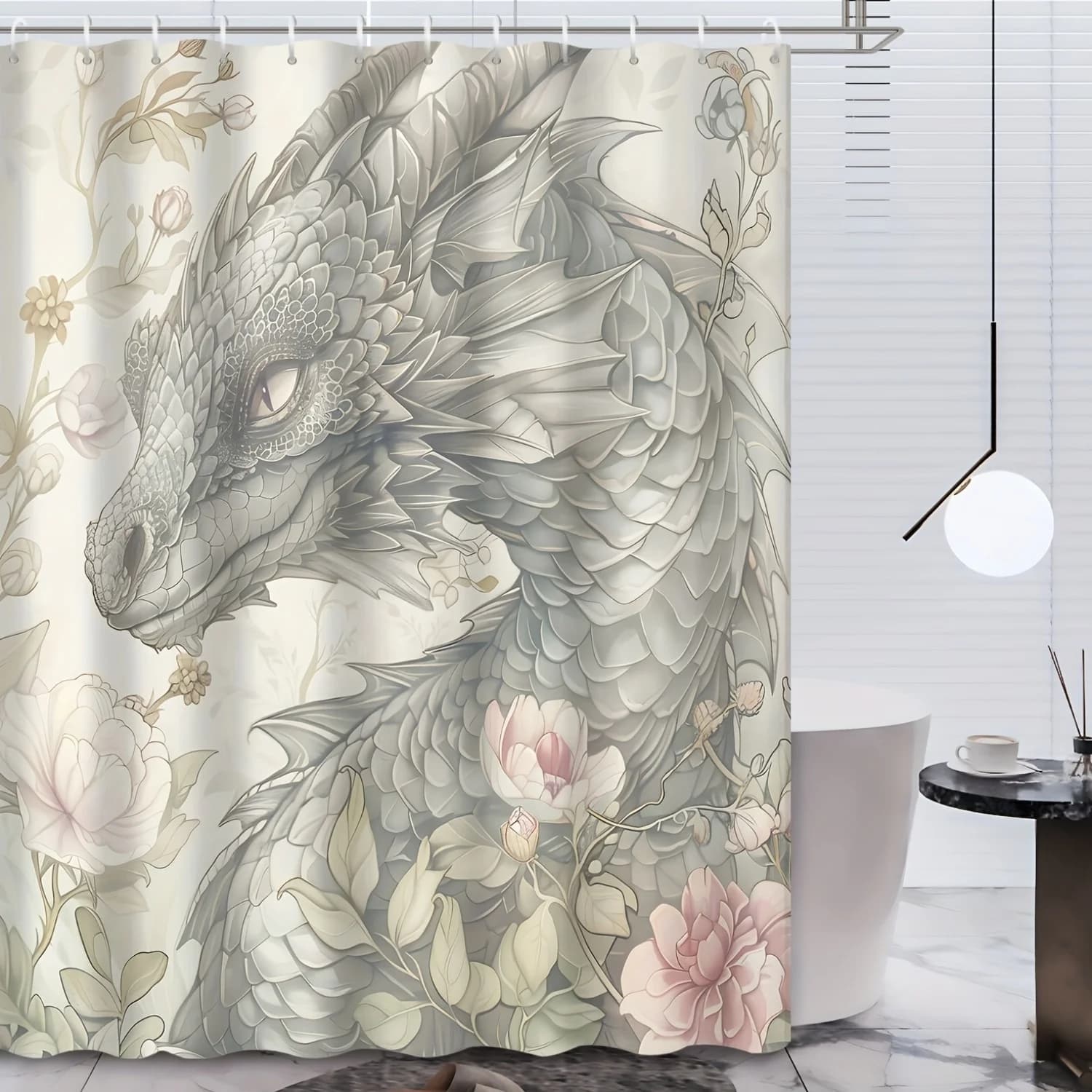 1 pezzo elegante tenda da doccia in poliestere con drago e stampa floreale di ispirazione asiatica, stile cinese astratto con occhielli e ganci