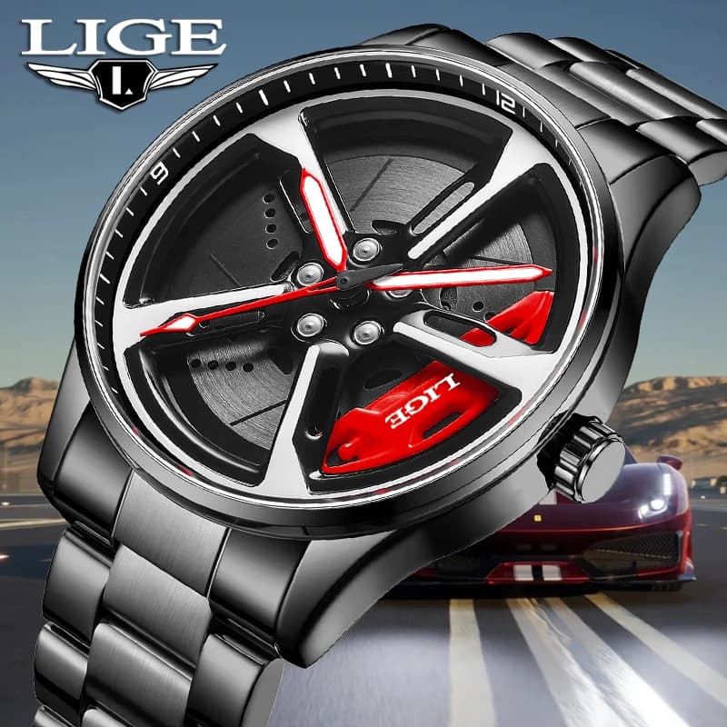 LIGE 2025 Rotating Quartz Watch Wrist Watch Wheel for Car Creative Fashion Men's Watch Men's Sports Colorful Steel Waterproof Reloj