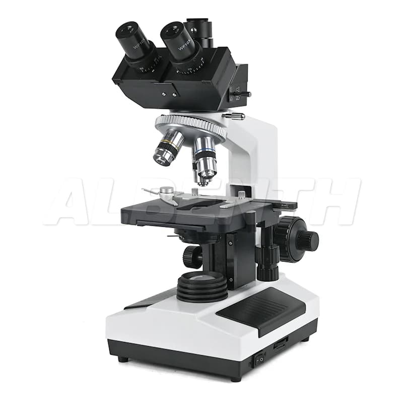 Microscopio acromatico biologico trinoculare Albenth 40X-1600X con fase meccanica a doppio strato Luce LED da 1 W, adattatore per fotocamera 1X