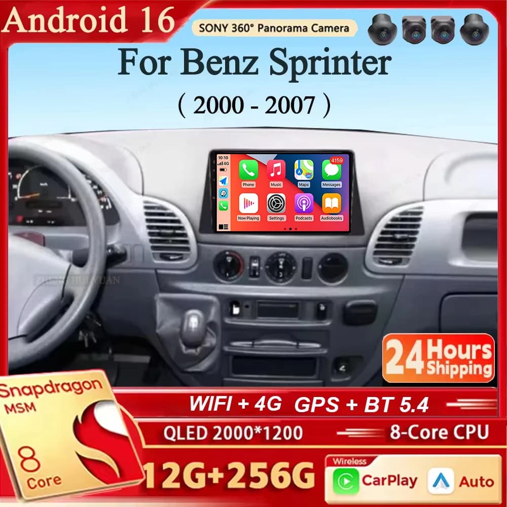 Autoradio Android 16 con Navigazione e Lettore Multimediale Stereo, Carplay e Auto per Mercedes Benz Sprinter 2000 - 2007