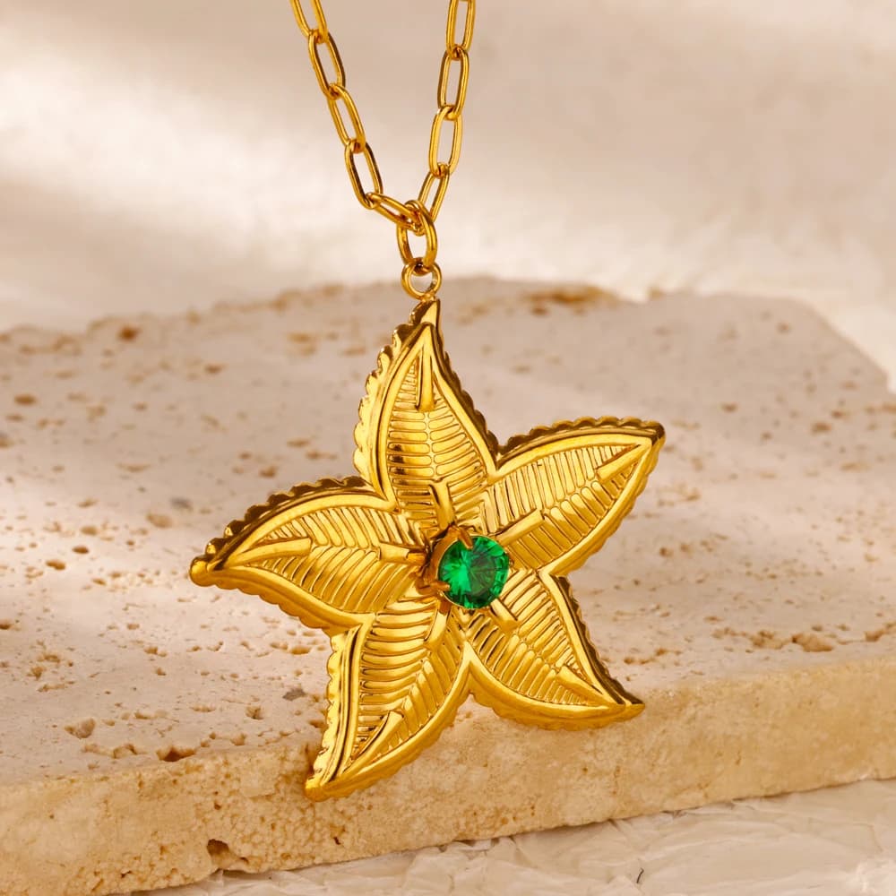 Starfish Pendant Necklace for Women Gold Color O-Shaped Chain Charm Necklaces Cubic Zirconia Stainless Steel Jewelry collar 2024