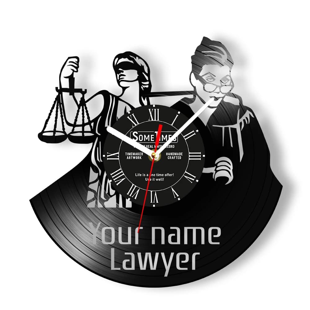 Wall clock with vinyl disc with custom name of lawyer for the furniture of the law office Custom wall clock of lawyers' judges Law school chronometerist