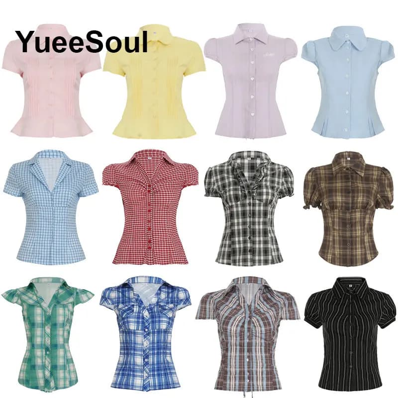 Camicia da donna stampata scozzese Cardigan solido T-shirt slim 2025 Estate Nuovo Y2K High Street Casual Dolce e carino Camicette femminili vintage